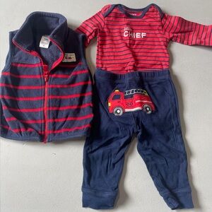 Carters 3 Piece Set- Red and Navy Striped Baby Outfit with Fire Truck Design